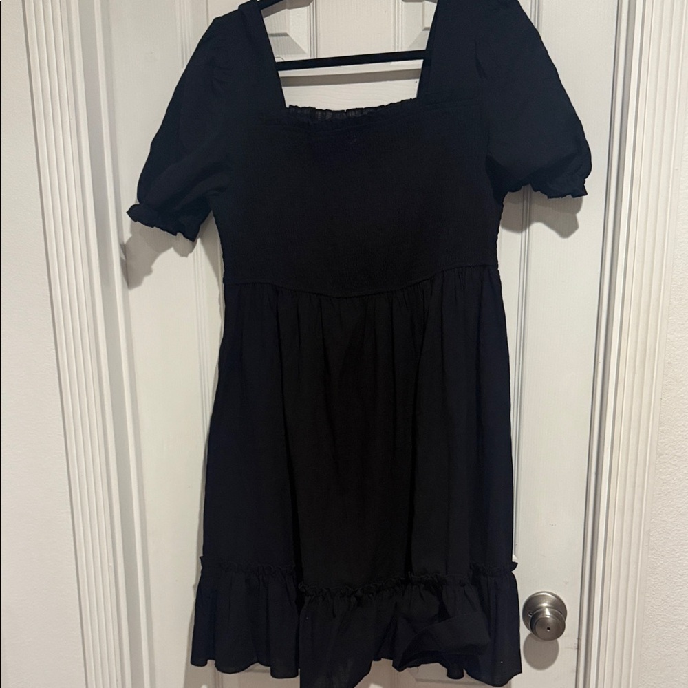 Black Square-Neck Puff Sleeve Midi Dress